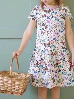Mightly Girls Organic Cotton Short Sleeve Drop Waist Dress Botanical Flora 6 7